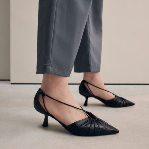 PEN205 Black Signature Leather Point Toe Tube Strap Kitten Heels