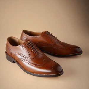 PEN555 Tan Brown Standard Fit Signature Italian Leather Wingcap Brogue Shoes