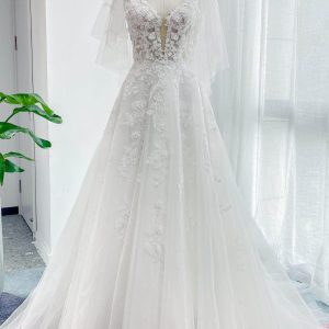 PEN181 A-Line Court Train Lace Tulle Wedding Dress