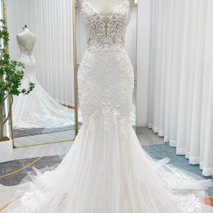 PEN180 Trumpet-Mermaid Court Train Lace Tulle Wedding Dress