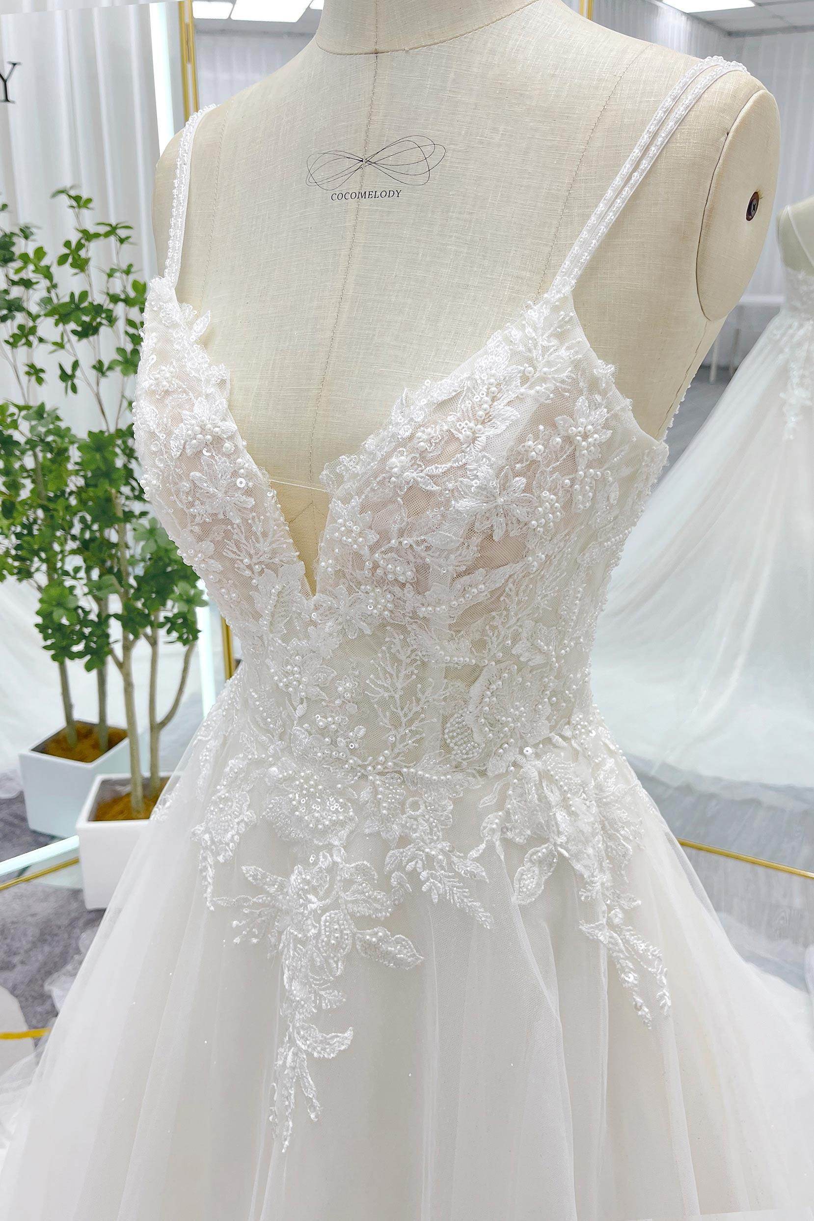 PEN199 A-Line Court Train Lace Tulle Wedding Dress - Image 6