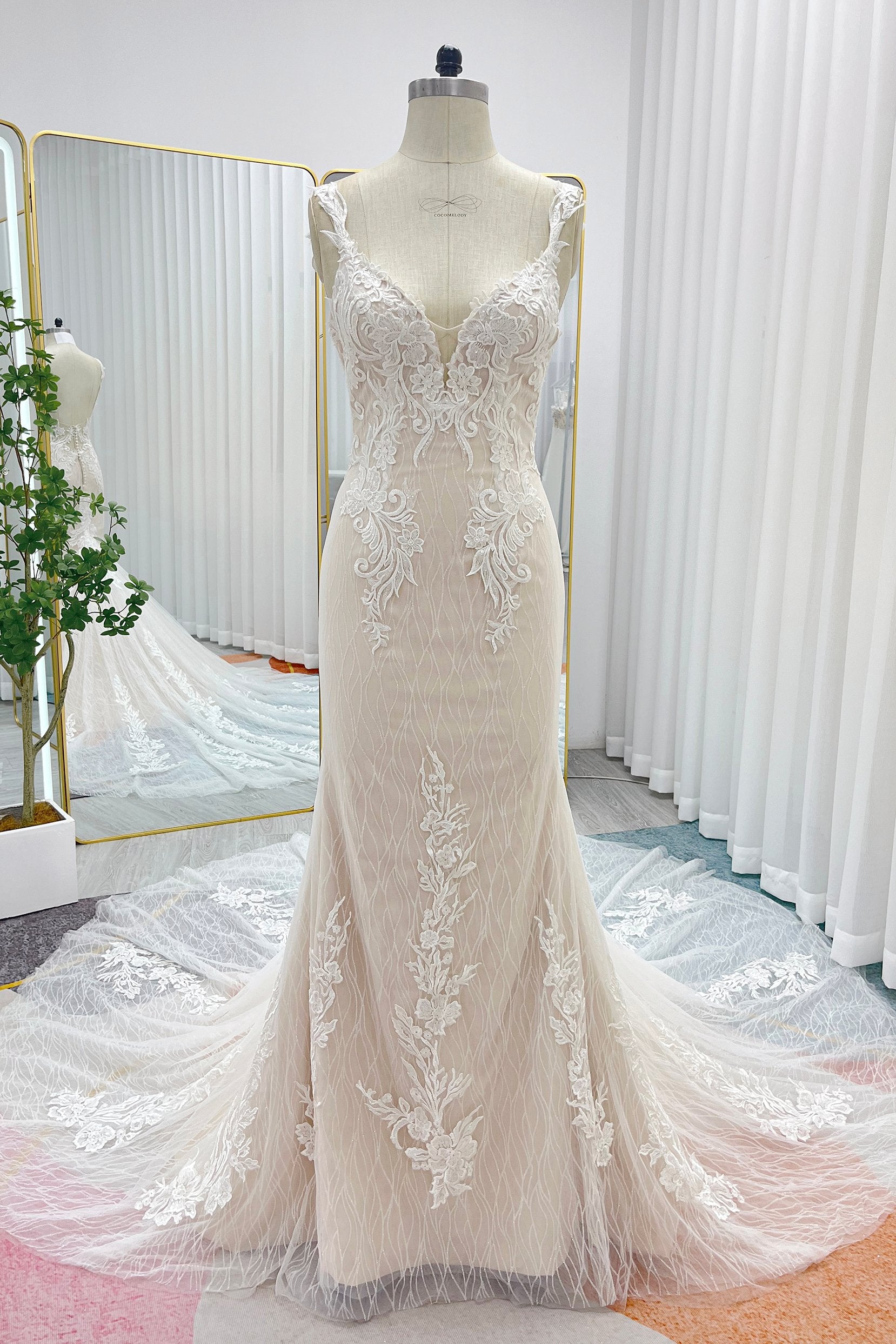 PEN198 Trumpet-Mermaid Chapel Train Lace Tulle Wedding Dress - Image 3