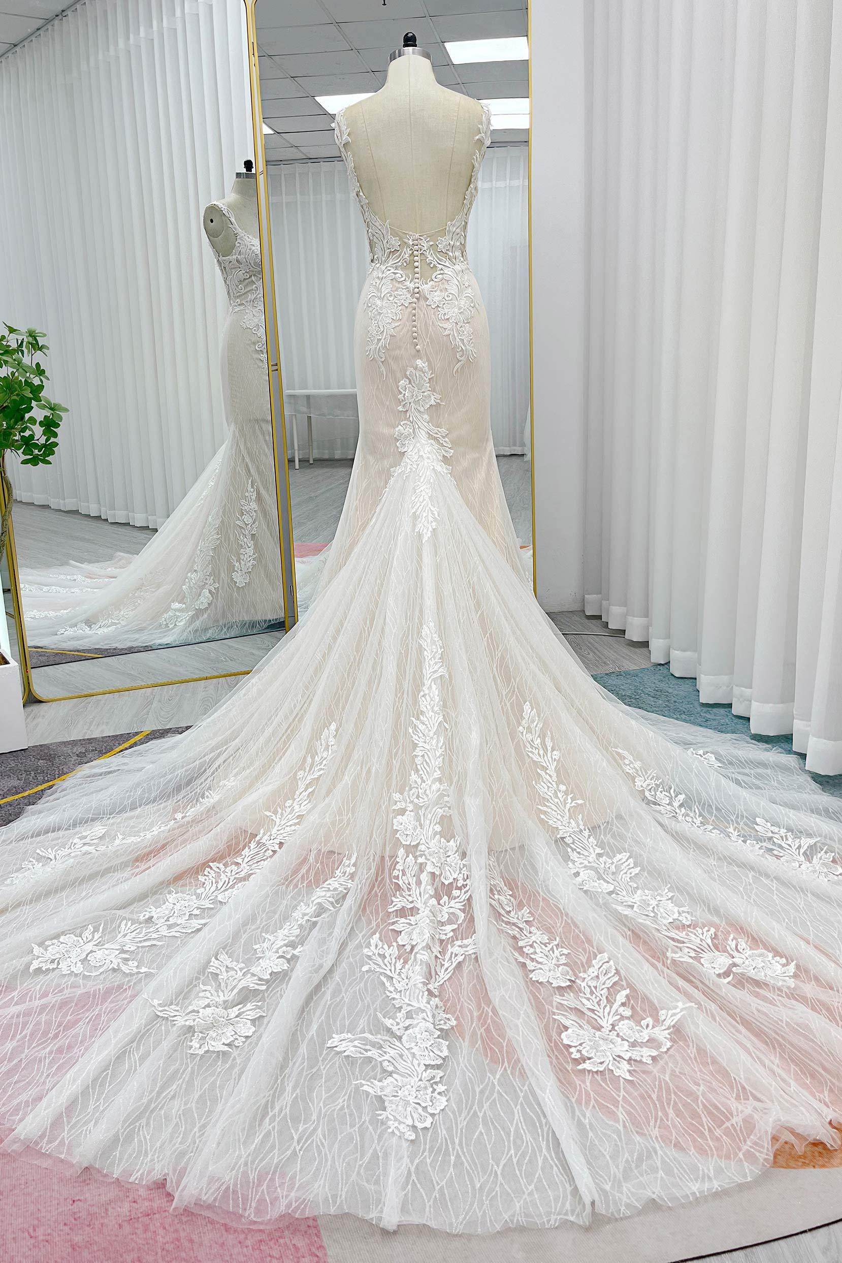 PEN198 Trumpet-Mermaid Chapel Train Lace Tulle Wedding Dress - Image 2