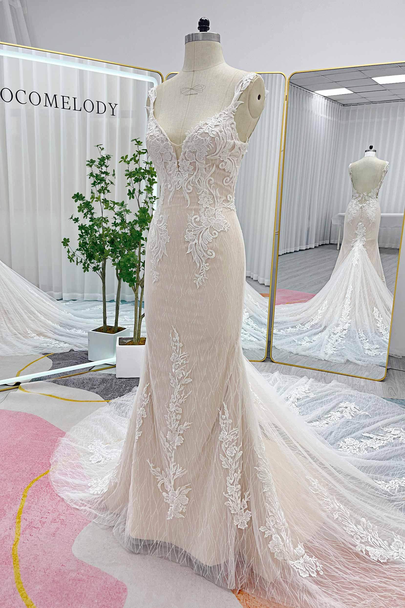 PEN198 Trumpet-Mermaid Chapel Train Lace Tulle Wedding Dress - Image 4