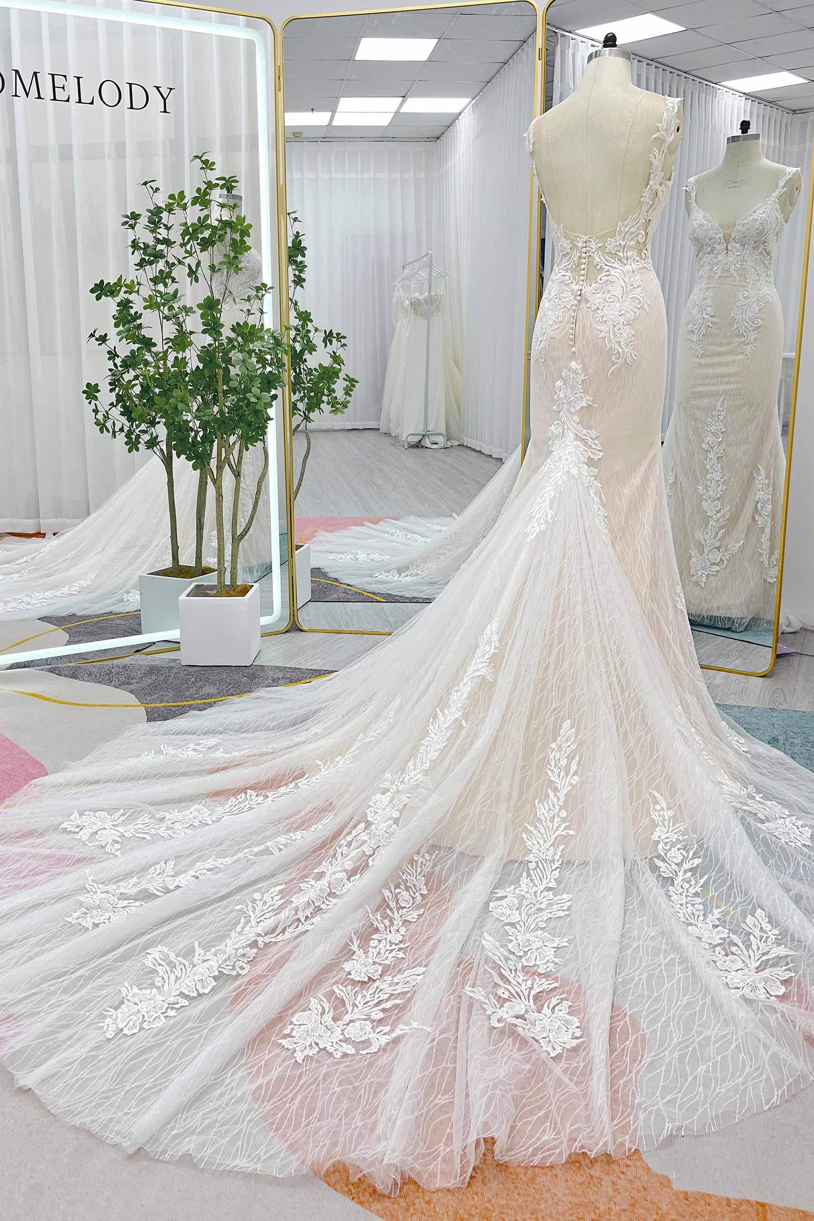 PEN198 Trumpet-Mermaid Chapel Train Lace Tulle Wedding Dress - Image 5