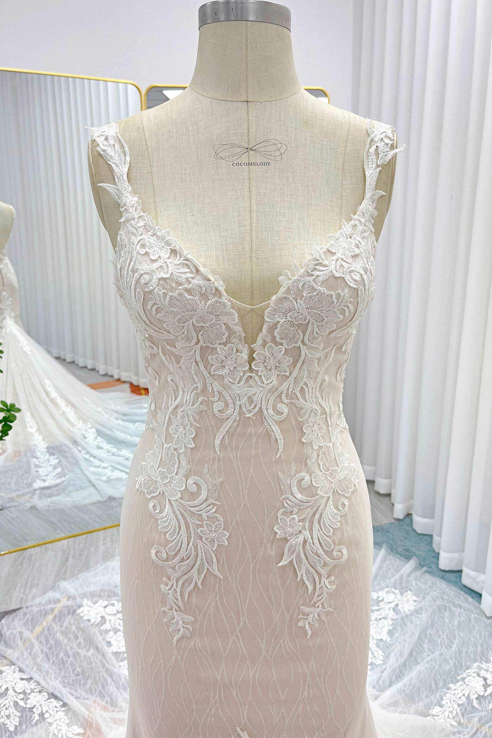 PEN198 Trumpet-Mermaid Chapel Train Lace Tulle Wedding Dress - Image 6