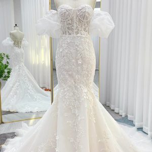 PEN197 Trumpet-Mermaid Chapel Train Lace Tulle Wedding Dress