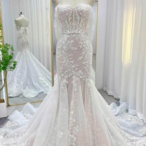 PEN196 Trumpet-Mermaid Court Train Lace Tulle Wedding Dress