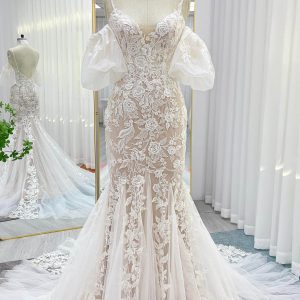 PEN195 Trumpet-Mermaid Chapel Train Lace Tulle Wedding Dress