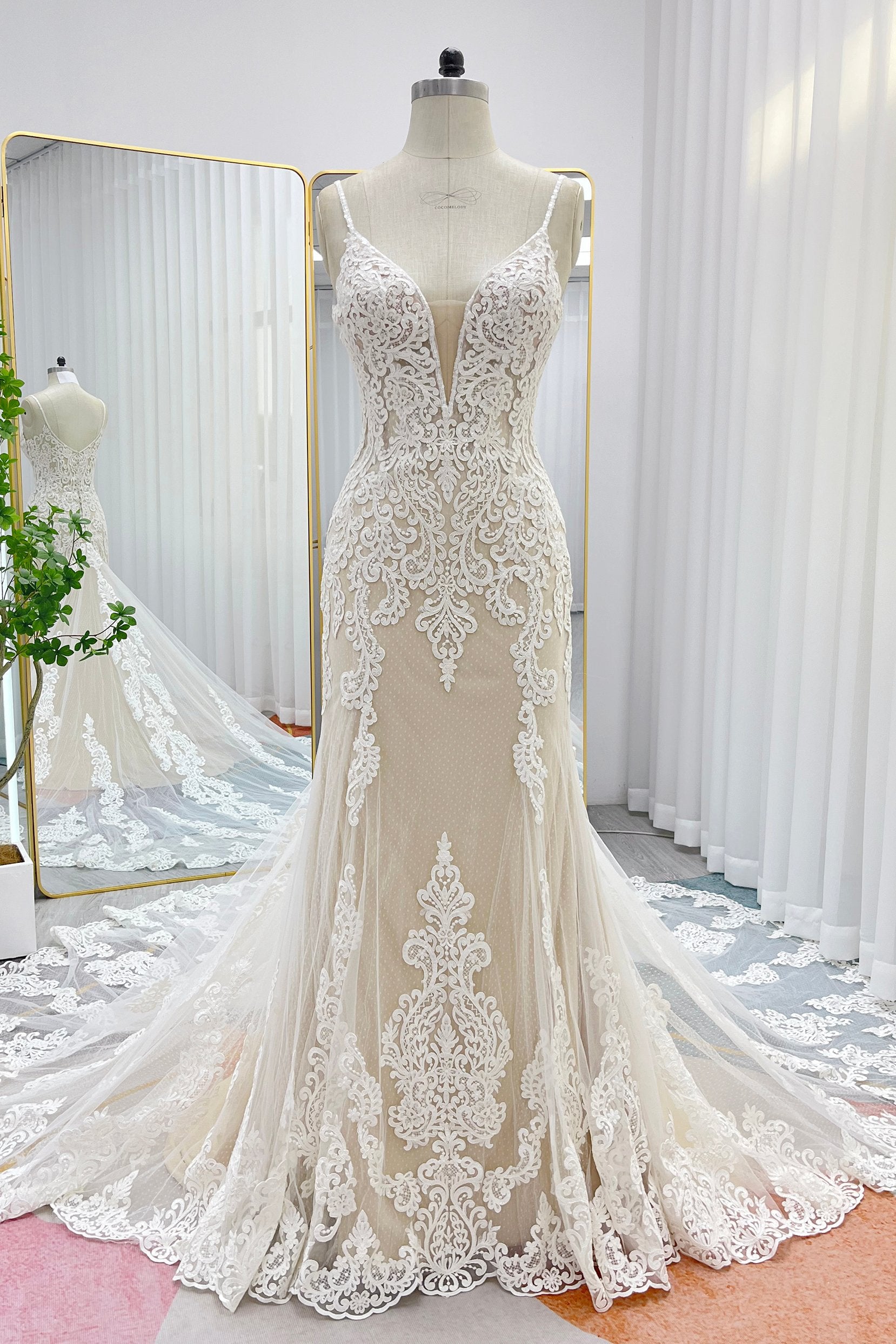 PEN194 Trumpet-Mermaid Chapel Train Lace Tulle Wedding Dress - Image 3