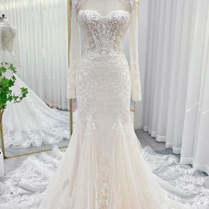 PEN190 Trumpet-Mermaid Chapel Train Lace Tulle Wedding Dress