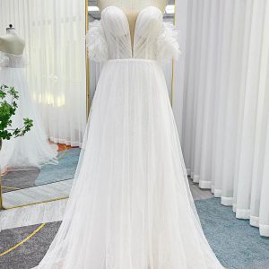 PEN188 A-Line Sweep-Brush Train Lace Tulle Wedding Dress