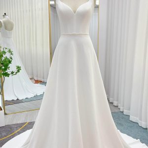 PEN186 A-Line Sweep-Brush Train Stretch Satin Wedding Dress