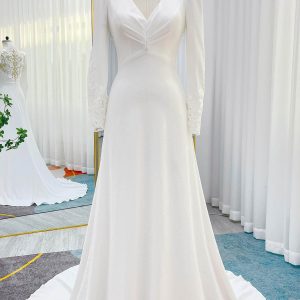 PEN184 A-Line Court Train Stretch Satin Wedding Dress