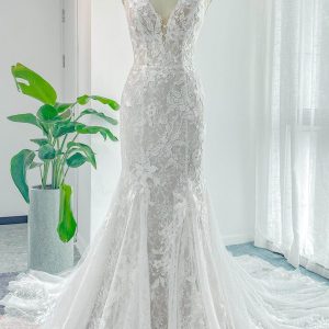 PEN179 Trumpet-Mermaid Chapel Train Lace Tulle Wedding Dress