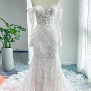 PEN178 Trumpet-Mermaid Chapel Train Lace Tulle Wedding Dress